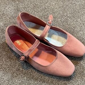 Zara Blush Pink Velvet Mary Jane Ballet Flats Women's Size 39 Square Toe US 8.5
